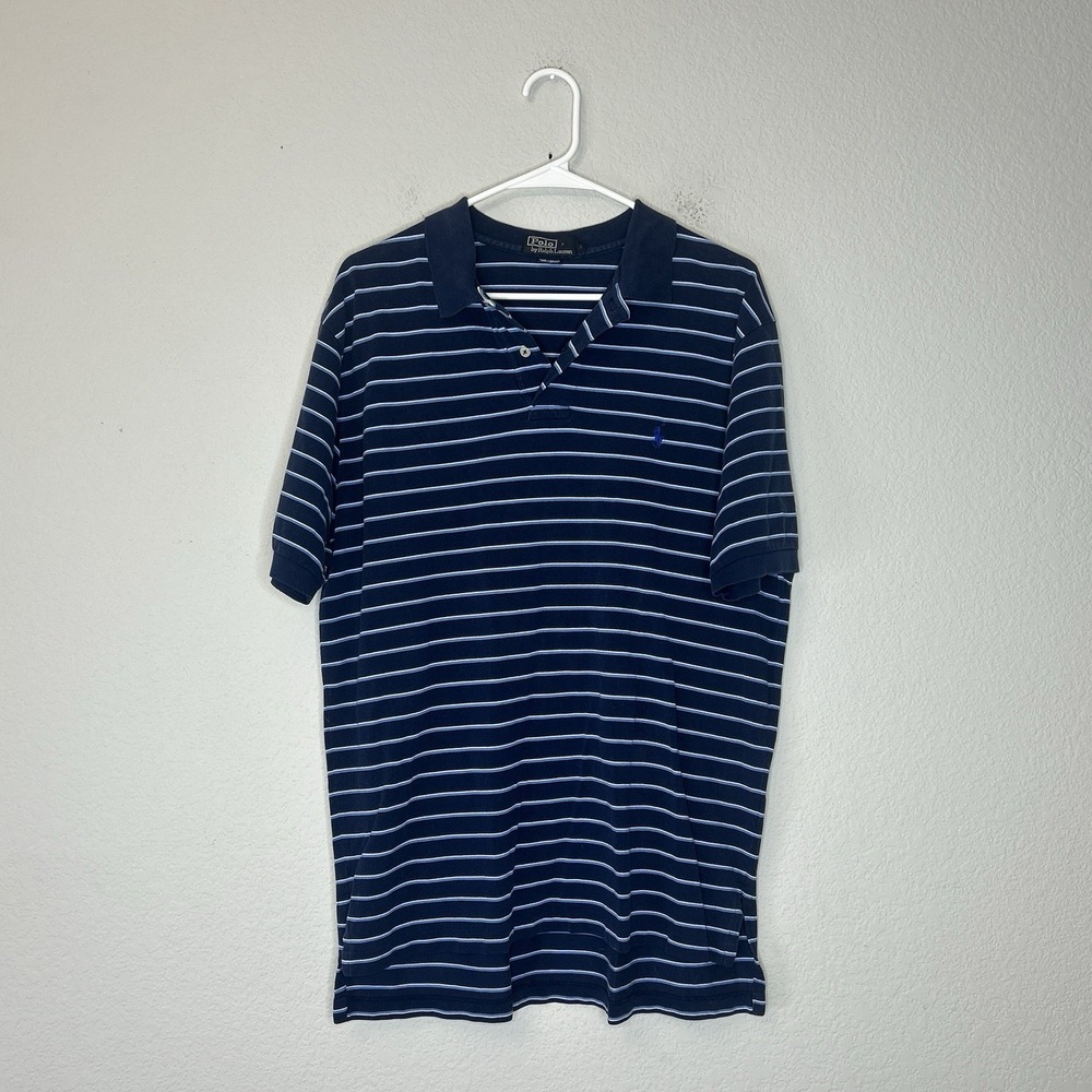 Vintage Polo Ralph Lauren Polo Shirt Men's L Navy Blue Striped 100% Cotton Golf